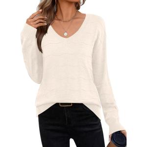 imageZeagoo Womens Sweaters Fall Casual Long Sleeve V Neck Shirts Lightweight Crochet Ribbed Knit Pullover Tops OutfitsCream