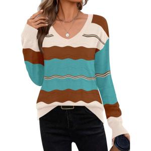imageZeagoo Womens Sweaters Fall Casual Long Sleeve V Neck Shirts Lightweight Crochet Ribbed Knit Pullover Tops OutfitsLake Blue Colorblock