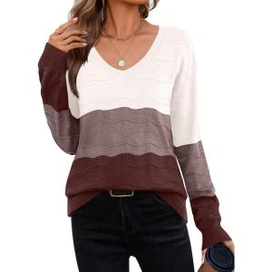 imageZeagoo Womens Sweaters Fall Casual Long Sleeve V Neck Shirts Lightweight Crochet Ribbed Knit Pullover Tops OutfitsTan Colorblock