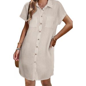 imageZeagoo Womens Summer Dress 2025 Cotton Button Down Short Sleeve Tshirt Dresses Casual Flowy V Neck Loose Mini Beach DressBrownwhite Stripe