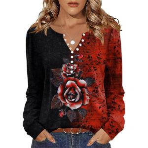 imageZeagoo Fall Tops for Women Long Sleeve Button Up Shirts Floral Tunics V Neck Pullover BlouseBlack Red Floral