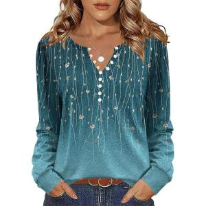 imageZeagoo Fall Tops for Women Long Sleeve Button Up Shirts Floral Tunics V Neck Pullover BlouseBlue Floral