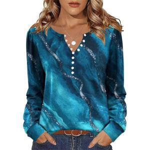 imageZeagoo Fall Tops for Women Long Sleeve Button Up Shirts Floral Tunics V Neck Pullover BlouseBlue Print