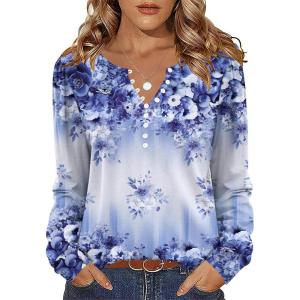 imageZeagoo Fall Tops for Women Long Sleeve Button Up Shirts Floral Tunics V Neck Pullover BlouseBlue Purple Floral