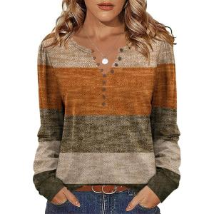 imageZeagoo Fall Tops for Women Long Sleeve Button Up Shirts Floral Tunics V Neck Pullover BlouseCaramel Colorblock