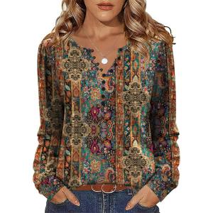 imageZeagoo Fall Tops for Women Long Sleeve Button Up Shirts Floral Tunics V Neck Pullover BlouseEthnic Print
