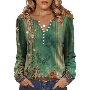 imageZeagoo Fall Tops for Women Long Sleeve Button Up Shirts Floral Tunics V Neck Pullover BlouseGreen Floral