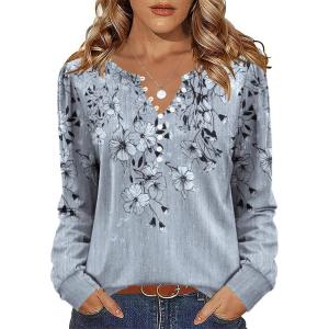 imageZeagoo Fall Tops for Women Long Sleeve Button Up Shirts Floral Tunics V Neck Pullover BlouseGrey Floral 01