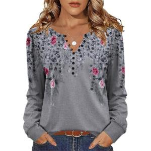 imageZeagoo Fall Tops for Women Long Sleeve Button Up Shirts Floral Tunics V Neck Pullover BlouseGrey Floral 02