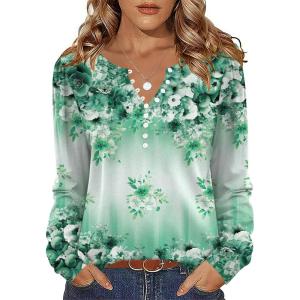 imageZeagoo Fall Tops for Women Long Sleeve Button Up Shirts Floral Tunics V Neck Pullover BlouseLight Green Floral