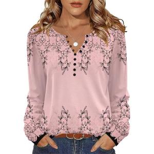 imageZeagoo Fall Tops for Women Long Sleeve Button Up Shirts Floral Tunics V Neck Pullover BlousePink Floral