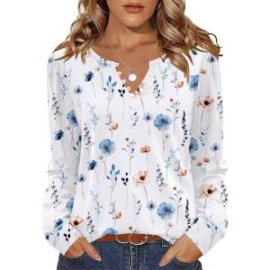 imageZeagoo Fall Tops for Women Long Sleeve Button Up Shirts Floral Tunics V Neck Pullover BlouseWhite Floral 01