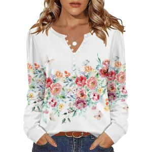 imageZeagoo Fall Tops for Women Long Sleeve Button Up Shirts Floral Tunics V Neck Pullover BlouseWhite Floral 02