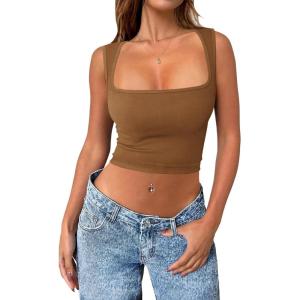 imageZeagoo Womens 2025 Sexy Square Neck Sleeveless Crop Tops Trendy Basic Ribbed Tank TopsLight Brown