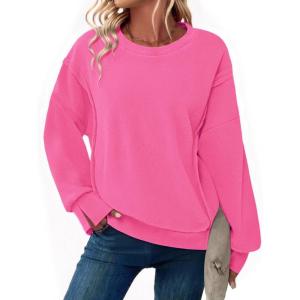 imageZeagoo Womens Casual Sweatshirts Crewneck Long Sleeve Fuzzy Fleece Jackets Side Slit Midweight Pullover Fall Fashion 202501hot Pink