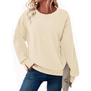 imageZeagoo Womens Casual Sweatshirts Crewneck Long Sleeve Fuzzy Fleece Jackets Side Slit Midweight Pullover Fall Fashion 2025Beige