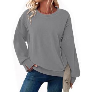 imageZeagoo Womens Casual Sweatshirts Crewneck Long Sleeve Fuzzy Fleece Jackets Side Slit Midweight Pullover Fall Fashion 2025Grey