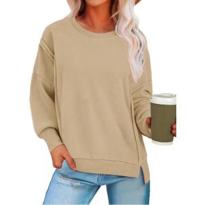 imageZeagoo Womens Casual Sweatshirts Crewneck Long Sleeve Fuzzy Fleece Jackets Side Slit Midweight Pullover Fall Fashion 2025Khaki