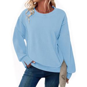 imageZeagoo Womens Casual Sweatshirts Crewneck Long Sleeve Fuzzy Fleece Jackets Side Slit Midweight Pullover Fall Fashion 2025Light Blue