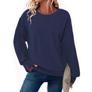 imageZeagoo Womens Casual Sweatshirts Crewneck Long Sleeve Fuzzy Fleece Jackets Side Slit Midweight Pullover Fall Fashion 2025Navy Blue 02