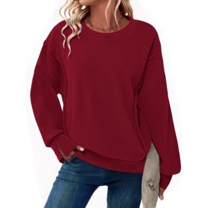 imageZeagoo Womens Casual Sweatshirts Crewneck Long Sleeve Fuzzy Fleece Jackets Side Slit Midweight Pullover Fall Fashion 2025Wine Red
