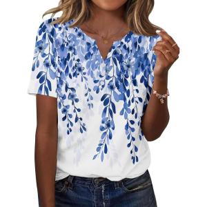 imageZeagoo Womens Summer Tops Casual Short Sleeve V Neck Shirts Business Dressy Work BlousesLeaf White Blue