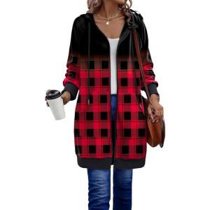imageZeagoo Womens Zip Up Hoodies Long Sleeve Long Tunic Sweatshirts Oversized Fleece Casual 2025 Fall Jacket Coat with PocketGrid Print