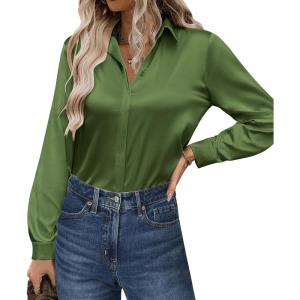 imageZeagoo Satin Blouses for Women Casual Long Sleeve Button Down Silk Shirts Dressy Business Work Tunic TopArmy Green