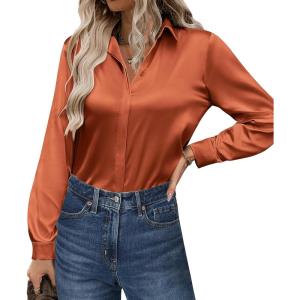 imageZeagoo Satin Blouses for Women Casual Long Sleeve Button Down Silk Shirts Dressy Business Work Tunic TopCaramel
