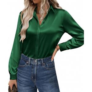 imageZeagoo Satin Blouses for Women Casual Long Sleeve Button Down Silk Shirts Dressy Business Work Tunic TopGreen