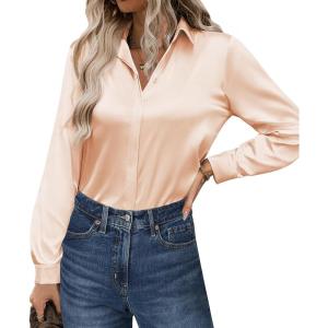 imageZeagoo Satin Blouses for Women Casual Long Sleeve Button Down Silk Shirts Dressy Business Work Tunic TopKhaki