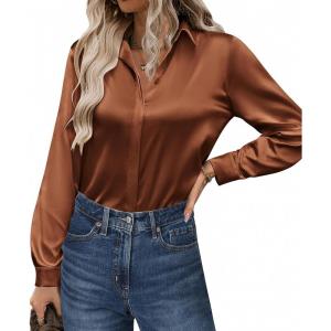 imageZeagoo Satin Blouses for Women Casual Long Sleeve Button Down Silk Shirts Dressy Business Work Tunic TopLight Brown