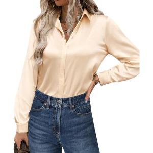 imageZeagoo Satin Blouses for Women Casual Long Sleeve Button Down Silk Shirts Dressy Business Work Tunic TopLight Khaki