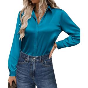 imageZeagoo Satin Blouses for Women Casual Long Sleeve Button Down Silk Shirts Dressy Business Work Tunic TopPeacock Blue