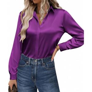 imageZeagoo Satin Blouses for Women Casual Long Sleeve Button Down Silk Shirts Dressy Business Work Tunic TopPurple
