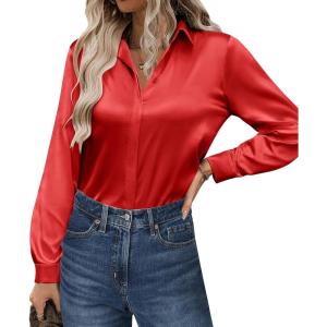imageZeagoo Satin Blouses for Women Casual Long Sleeve Button Down Silk Shirts Dressy Business Work Tunic TopRed
