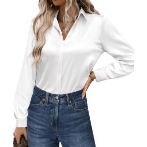 imageZeagoo Satin Blouses for Women Casual Long Sleeve Button Down Silk Shirts Dressy Business Work Tunic TopWhite