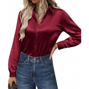 imageZeagoo Satin Blouses for Women Casual Long Sleeve Button Down Silk Shirts Dressy Business Work Tunic TopWine Red