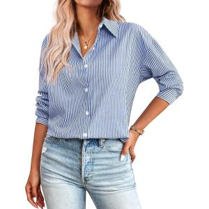 imageZeagoo Striped Button Down Shirts for Women Casual Loose Long Sleeve Shirts Business Work Tunic TopBlue