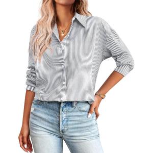 imageZeagoo Striped Button Down Shirts for Women Casual Loose Long Sleeve Shirts Business Work Tunic TopGrey