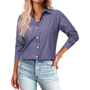 imageZeagoo Striped Button Down Shirts for Women Casual Loose Long Sleeve Shirts Business Work Tunic TopNavy Blue