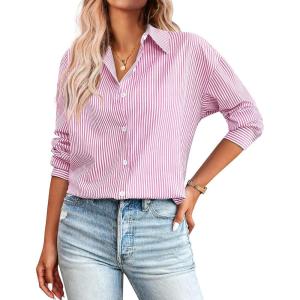 imageZeagoo Striped Button Down Shirts for Women Casual Loose Long Sleeve Shirts Business Work Tunic TopPink