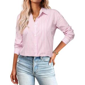 imageZeagoo Striped Button Down Shirts for Women Casual Loose Long Sleeve Shirts Business Work Tunic TopPink2