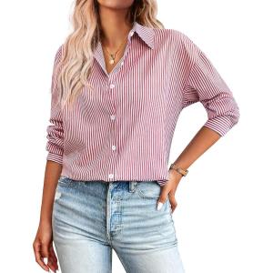 imageZeagoo Striped Button Down Shirts for Women Casual Loose Long Sleeve Shirts Business Work Tunic TopRed