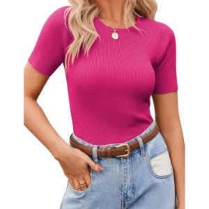 imageZeagoo Womens Short Sleeve Basic Slim Fit Tops Crewneck Ribbed Knit T Shirt Cute Summer OutfitsPink