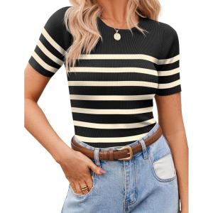 imageZeagoo Womens Short Sleeve Basic Slim Fit Tops Crewneck Ribbed Knit T Shirt Cute Summer OutfitsStripe Black