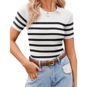 imageZeagoo Womens Short Sleeve Basic Slim Fit Tops Crewneck Ribbed Knit T Shirt Cute Summer OutfitsStripe White