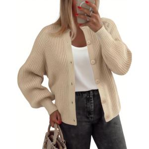 imageZeagoo 2025 Cardigan Sweaters for Women Long Sleeve Chunky Knit Cardigan Crew Neck Button Down Fall Fashion ClothesApricot