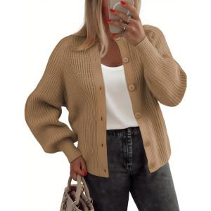 imageZeagoo 2025 Cardigan Sweaters for Women Long Sleeve Chunky Knit Cardigan Crew Neck Button Down Fall Fashion ClothesKhaki