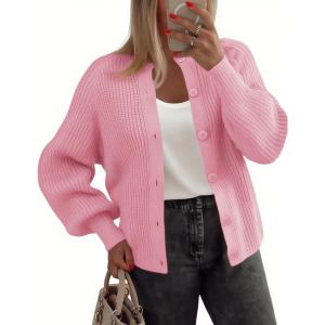imageZeagoo 2025 Cardigan Sweaters for Women Long Sleeve Chunky Knit Cardigan Crew Neck Button Down Fall Fashion ClothesPink